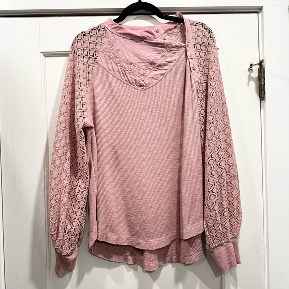 Free People Womens Sweetest Thing Embroidered Pink Lace Top Large Boho Spring - Picture 6 of 14